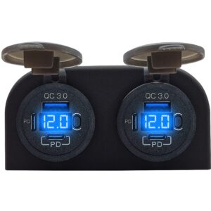 ProRide 12V USB C Stopcontact 6 Poorten met Schakelaar/Voltmeter - Tweevoudig Opbouw - QC3.0 - USB C Autolader, Boot en Camper - Blauw