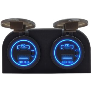 ProRide 12V USB/USB C Stopcontact 4 Poorten met Schakelaar - Tweevoudig Opbouw - QC3.0 - USB Autolader, Boot en Camper - Blauw