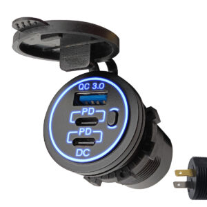 ProRide 12V USB/USB C Autolader 3 Poorten met schakelaar - Inbouw - QC3.0 - USB Stopcontact voor Auto, Boot en Camper - Blauw