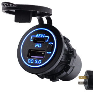 ProRide 12V USB/USB C Autolader 2 Poorten Inbouw met Schakelaar - 65W - QC3.0 - USB Stopcontact voor Auto, Boot en Camper - Blauw