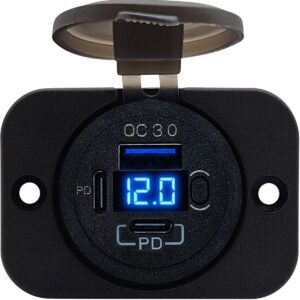 ProRide 12V USB C Stopcontact 3 Poorten Inbouw met Schakelaar/Voltmeter - QC3.0 - USB C Autolader, Boot en Camper - Complete set - Blauw