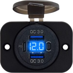 ProRide 12V USB C Stopcontact 3 Poorten Inbouw met Schakelaar/Voltmeter - QC3.0 - USB Autolader, Boot en Camper - Complete set - Blauw