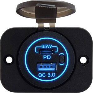 ProRide 12V USB/USB C Stopcontact 2 Poorten Inbouw met Schakelaar - 65W - QC3.0 - USB Autolader, Boot en Camper - Complete set - Blauw