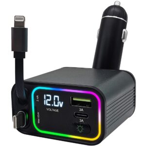 ProRide Autolader met Intrekbare USB Kabels en LED Verlichting - Snellader USB-C, 8-pins en USB-A