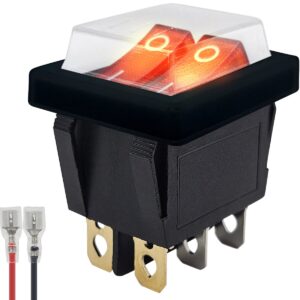 ProRide Dubbele Wipschakelaar ON-OFF KCD6-202 - met Zwart kapje en Aansluitkabel - 3 Polig - 250V/16A - 30x22mm - Rood met lampje