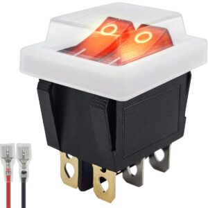 ProRide Dubbele Wipschakelaar ON-OFF KCD6-202 - met Wit kapje en Aansluitkabel - 3 Polig - 250V/16A - 30x22mm - Rood met lampje