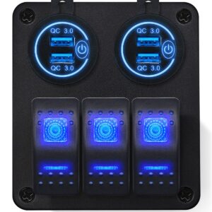ProRide Schakelpaneel 12V voor Auto/Boot - USB Stopcontact 4 Poorten met Schakelaar - QC3.0 - PUSB1QC-B - 3 schakelaars - Blauw