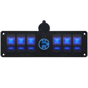 ProRide Schakelpaneel 12V voor Auto/Boot - USB Stopcontact 2 Poorten met Schakelaar - QC3.0 - PUSB1QC-B - 6 schakelaars - Blauw