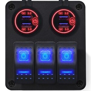 ProRide Schakelpaneel 12V voor Auto/Boot - USB Stopcontact 4 Poorten met Schakelaar - QC3.0 - PUSB1QC-R - 3 schakelaars - Rood