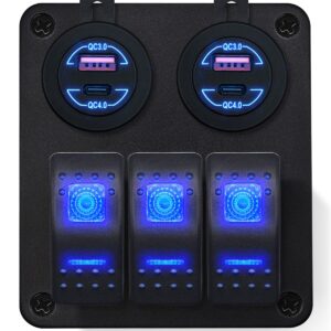 ProRide Schakelpaneel 12V voor Auto/Boot - USB Stopcontact 4 Poorten - QC4.0 - 3 schakelaars - Blauw