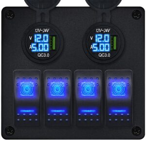 ProRide Schakelpaneel 12V voor Auto/Boot - USB Stopcontact met Voltmeter/Ampèremeter - QC3.0 - 4 schakelaars