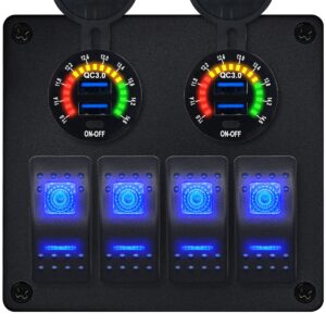 ProRide Schakelpaneel 12V voor Auto/Boot - USB Stopcontact 4 Poorten met Schakelaar/Voltmeter - QC3.0 - 4 schakelaars