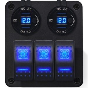 ProRide Schakelpaneel 12V voor Auto/Boot - USB Stopcontact 4 Poorten met Schakelaar/Voltmeter - QC3.0 - DS2120B - 3 schakelaars - Blauw