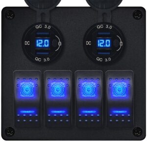 ProRide Schakelpaneel 12V voor Auto/Boot - USB Stopcontact 4 Poorten met Schakelaar/Voltmeter - QC3.0 - DS2120B - 4 schakelaars - Blauw
