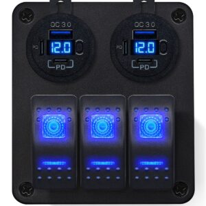 ProRide Schakelpaneel 12V voor Auto/Boot - USB C Stopcontact 6 Poorten met Schakelaar/Voltmeter - QC3.0 - 3 schakelaars - Blauw