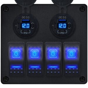ProRide Schakelpaneel 12V voor Auto/Boot - USB C Stopcontact 6 Poorten met Schakelaar/Voltmeter - QC3.0 - 4 schakelaars - Blauw
