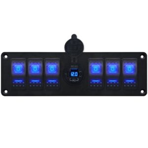 ProRide Schakelpaneel 12V voor Auto/Boot - USB C Stopcontact 3 Poorten met Schakelaar/Voltmeter - QC3.0 - 6 schakelaars - Blauw