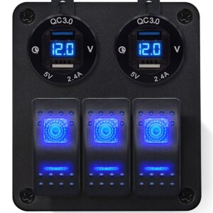 ProRide Schakelpaneel 12V voor Auto/Boot - USB Stopcontact 4 Poorten met Voltmeter - 5V/2.4A - DS2114B - 3 schakelaars - Blauw