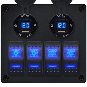 ProRide Schakelpaneel 12V voor Auto/Boot - USB Stopcontact 4 Poorten met Voltmeter - 5V/2.4A - DS2114B - 4 schakelaars - Blauw