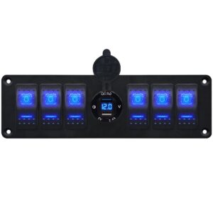 ProRide Schakelpaneel 12V voor Auto/Boot - USB Stopcontact 2 Poorten met Voltmeter - 5V/2.4A - DS2114B - 6 schakelaars - Blauw