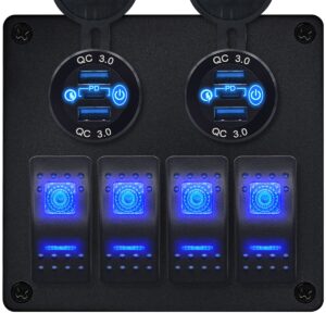 ProRide Schakelpaneel 12V voor Auto/Boot - USB Stopcontact 6 Poorten met Schakelaar - QC3.0 - 4 schakelaars - Blauw