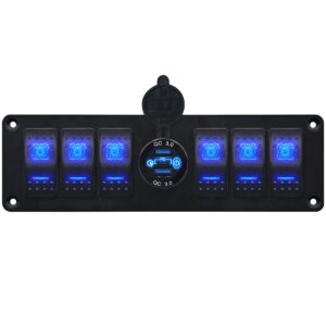 ProRide Schakelpaneel 12V voor Auto/Boot - USB Stopcontact 3 Poorten met Schakelaar - QC3.0 - 6 schakelaars - Blauw