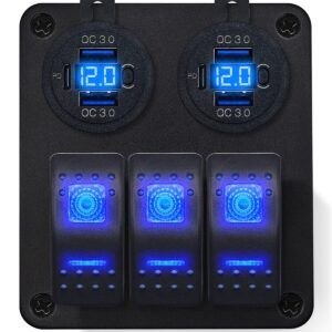 ProRide Schakelpaneel 12V voor Auto/Boot - USB C Stopcontact 6 Poorten met Schakelaar/Voltmeter - QC3.0 - 3 schakelaars - Blauw