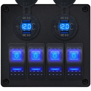 ProRide Schakelpaneel 12V voor Auto/Boot - USB C Stopcontact 6 Poorten met Schakelaar/Voltmeter - QC3.0 - 4 schakelaars - Blauw