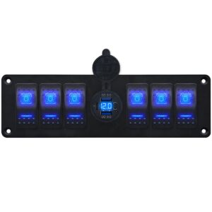 ProRide Schakelpaneel 12V voor Auto/Boot - USB C Stopcontact 3 Poorten met Schakelaar/Voltmeter - QC3.0 - 6 schakelaars - Blauw