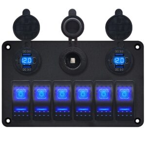 ProRide Schakelpaneel 12V voor Auto/Boot - USB C Stopcontact 6 Poorten met Schakelaar/Voltmeter - QC3.0 - 6 schakelaars + 12V/24V stopcontact - Blauw