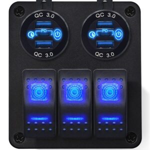 ProRide Schakelpaneel 12V voor Auto/Boot - USB/USB C Stopcontact 6 Poorten met schakelaar - QC3.0 - 3 schakelaars - Blauw