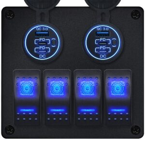ProRide Schakelpaneel 12V voor Auto/Boot - USB/USB C Stopcontact 6 Poorten met schakelaar - QC3.0 - 4 schakelaars - Blauw