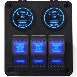 ProRide Schakelpaneel 12V voor Auto/Boot - USB/USB C Stopcontact 4 Poorten met Schakelaar - 65W - QC3.0 - 3 schakelaars - Blauw