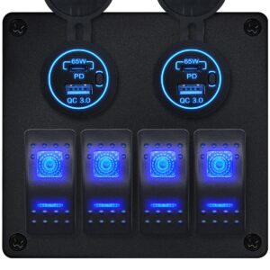 ProRide Schakelpaneel 12V voor Auto/Boot - USB/USB C Stopcontact 4 Poorten met Schakelaar - 65W - QC3.0 - 4 schakelaars - Blauw