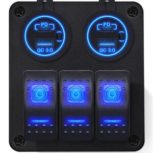 ProRide Schakelpaneel 12V voor Auto/Boot - USB/USB C Stopcontact 4 Poorten met Schakelaar - QC3.0 - 3 schakelaars - Blauw