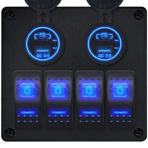ProRide Schakelpaneel 12V voor Auto/Boot - USB/USB C Stopcontact 4 Poorten met Schakelaar - QC3.0 - 4 schakelaars - Blauw