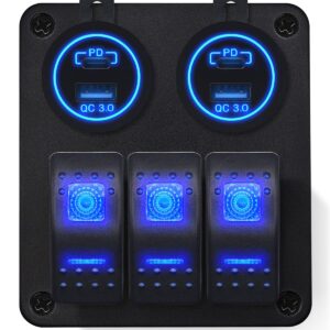 ProRide Schakelpaneel 12V voor Auto/Boot - USB/USB C Stopcontact 4 Poorten - QC3.0 - 3 schakelaars - Blauw