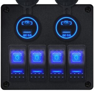 ProRide Schakelpaneel 12V voor Auto/Boot - USB/USB C Stopcontact 4 Poorten - QC3.0 - 4 schakelaars - Blauw