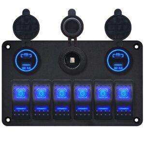 ProRide Schakelpaneel 12V voor Auto/Boot - USB/USB C Stopcontact 4 Poorten - QC3.0 - 6 schakelaars + 12V/24V stopcontact - Blauw