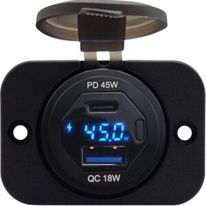 ProRide 12V USB/USB C Autolader 2 Poorten Inbouw met Schakelaar en Wattagemeter - 45W - QC3.0 - Complete set - Blauw