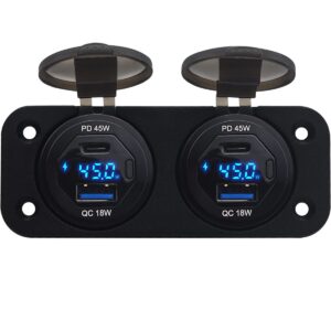 ProRide 12V USB/USB C Autolader 4 Poorten Inbouw met Schakelaar en Wattagemeter - 45W - QC3.0 - Complete set - Blauw