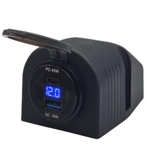 ProRide 12V USB/USB C Autolader 2 Poorten Opbouw met Schakelaar en Wattagemeter - 45W - QC3.0 - Complete set - Blauw