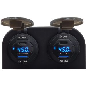 ProRide 12V USB/USB C Autolader 4 Poorten Opbouw met Schakelaar en Wattagemeter - 45W - QC3.0 - Complete set - Blauw