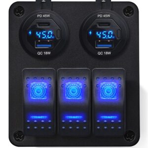ProRide Schakelpaneel 12V voor Auto/Boot - USB/USB C Autolader 4 Poorten met Wattagemeter - 45W - QC3.0 - 3 schakelaars - Blauw
