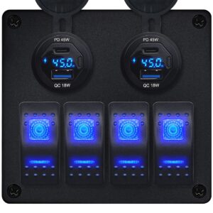 ProRide Schakelpaneel 12V voor Auto/Boot - USB/USB C Autolader 4 Poorten met Wattagemeter - 45W - QC3.0 - 4 schakelaars - Blauw