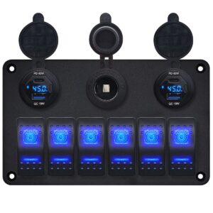 ProRide Schakelpaneel 12V voor Auto/Boot - 4 USB/USB C Poorten met Wattagemeter - 45W/QC3.0 - 6 schakelaars + 12V/24V stopcontact