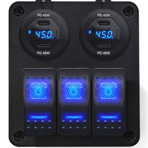 ProRide Schakelpaneel 12V voor Auto/Boot - USB C Autolader 4 Poorten met Schakelaar/Wattagemeter - 45W/QC3.0 - 3 schakelaars - Blauw