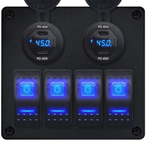 ProRide Schakelpaneel 12V voor Auto/Boot - USB C Autolader 4 Poorten met Schakelaar/Wattagemeter - 45W/QC3.0 - 4 schakelaars - Blauw