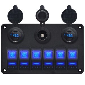 ProRide Schakelpaneel 12V voor Auto/Boot - 4 USB C Poorten met Wattagemeter - 45W/QC3.0 - 6 schakelaars + 12V/24V stopcontact