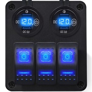 ProRide Schakelpaneel 12V voor Auto/Boot - USB Stopcontact 4 Poorten met Schakelaar en Voltmeter - QC3.0 - 3 schakelaars - Blauw